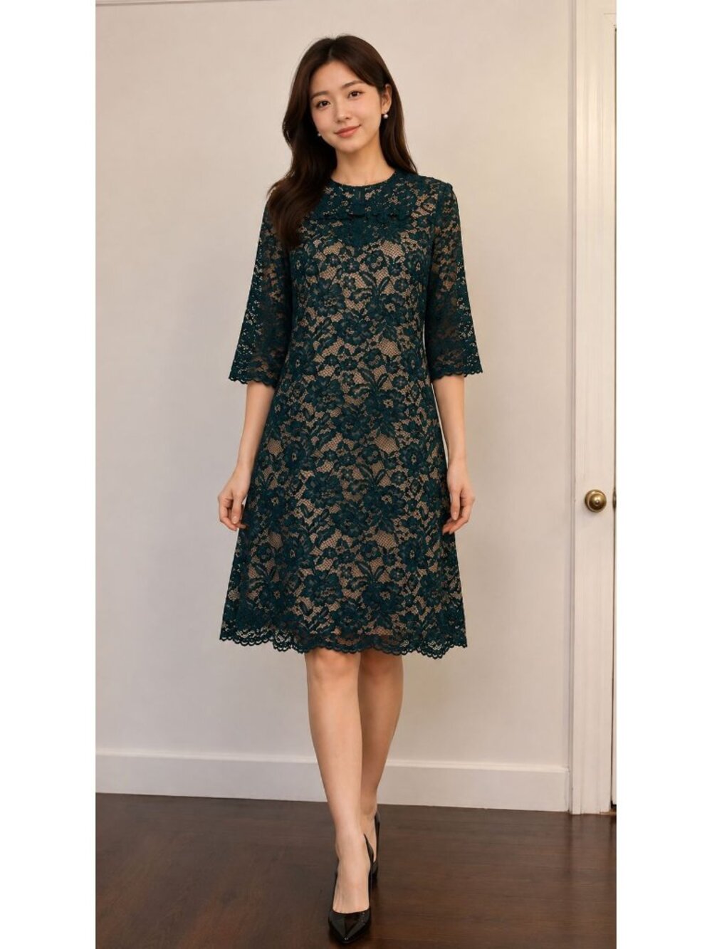 NWT $1495 Giada Curti Floral Lace A Line Scalloped Mini Dress Green Size 6